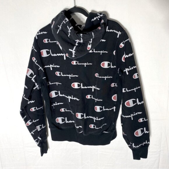 Vintage Champion Reverse Weave Black All Over Logo Print Hoodie M - Picture 15 of 16